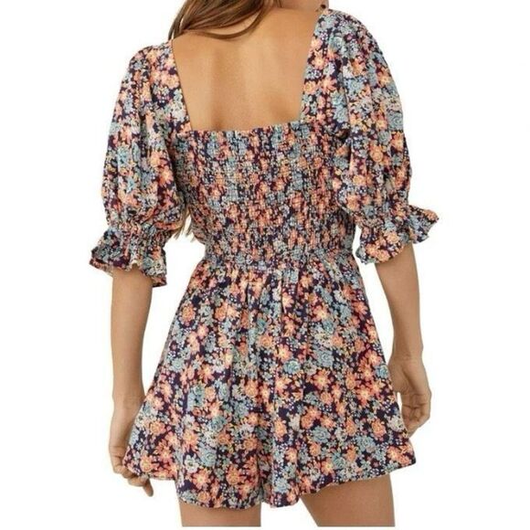 Free People Show Me Love Linen Blend Tie Front Puff Sleeve Floral Print Romper | - Picture 2 of 7